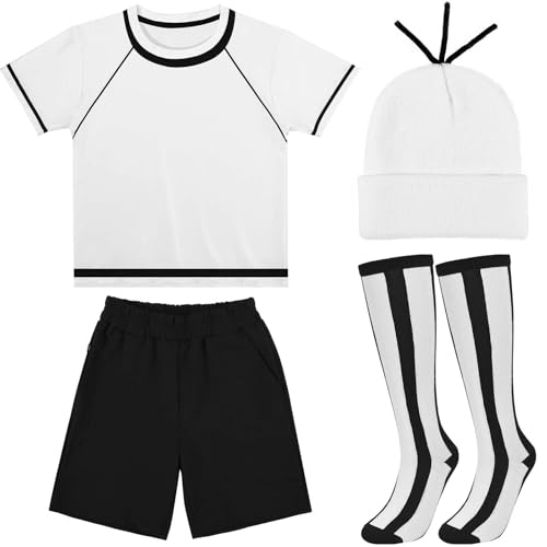 Kavoc 4Pcs Movie Cartoon Character Costume Include White Beanie Hat T-shirt Black Short Pants and Striped Socks for Book Week Cosplay (M)