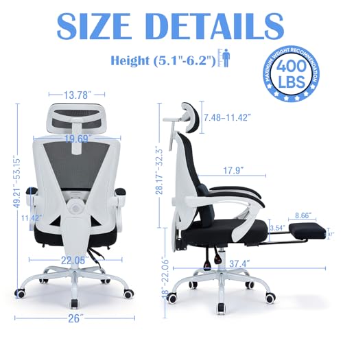 Image of Ergonomic Home Office Chair - Adjustable Lumbar Support & Height | Adjustable Lumbar Support & 3D Headrest,Rolling Work Swivel Computer Chair-400lbs Capacity