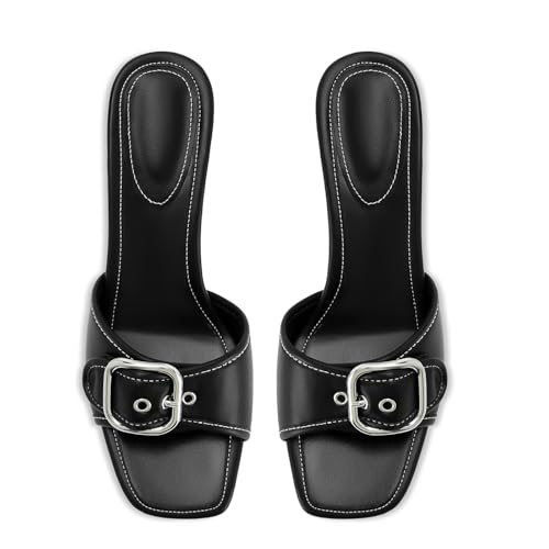 Image of Dsevht Black Kitten Heel Sandals Stiletto Low Heels Slip On Slides Mule Sandal Square Open Toe Dress Shoes for Women