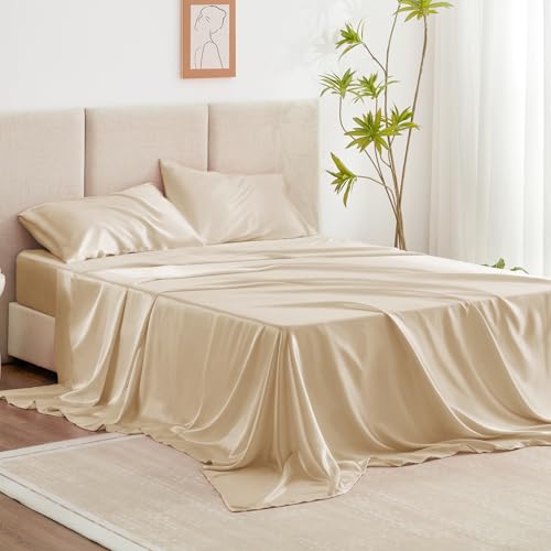 Love's cabin California King Satin Sheet Sets - 4 Piece Beige Silky Sheets Bed Set with Deep Pocket, Luxury Silk Feel Satin Cal King Sheet Set (1 Flat Sheet,1 Fitted Sheet,2 Pillow Cases)