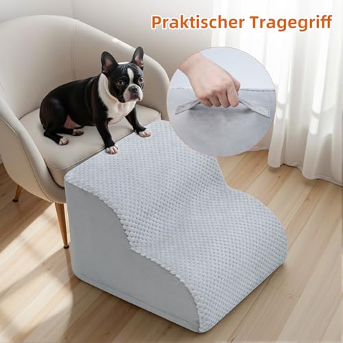 KSIIA Hundetreppe 2 Stufen, 30cm Hoch Haustiertreppe Hundetreppe für Kleine Hunde, Katzentreppe Hunderampe mit Waschbar Bezug für Bett, Couch, Sofa und Auto, 40x40x30cm, Grau