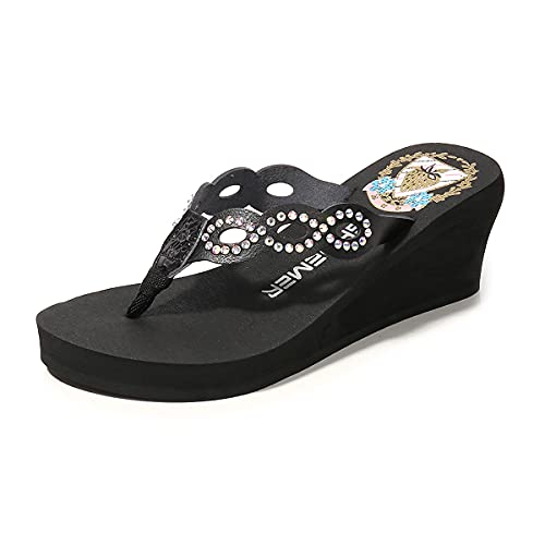 LINNUO Tongs Compensees avec Strass Femme Pantoufle a Talon été Flip-Flops Sandales Plateforme de Plage (Noir,CN 35) Cover