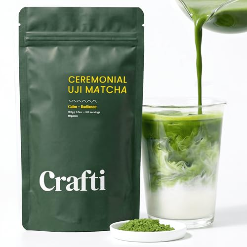 Crafti - Ceremonial Grade Organic Matcha Powder | 100 Servings (100g / 3.5oz) | Sugar-Free Kyoto Uji Matcha | Daily Matcha Green Tea for Calm Focus, Jitter-Free Energy and Barista-Grade Lattes