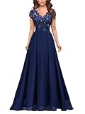 MIUSOL Women's Elegant V-Neck Lace Emprie Waist Bridesmaids Party Gown Formal Maxi Dress (Large, Sequins Version - Navy Blue)