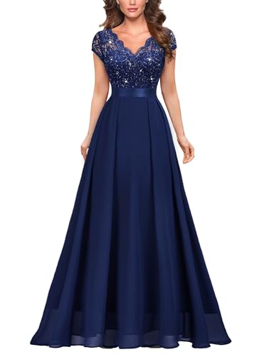 Miusol Women's Elegant V-Neck Cap Sleeve Sequined Floral Lace Formal Party Maxi Dress (X-Large, Navy Blue)