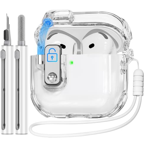 (with Safety Lock) Compatible with AirPods 4 Case with Cleaner Kit,Clear Soft TPU Transparent AirPods 4th Generation Case,Auto Pop-Up Lid and Lock Design for AirPods 4 Gen (2024) with Lanyard-White