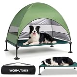 Elevated Outdoor Dog Bed with Canopy, Raised Dog Cot with Stable Adjustable Feet, Dog Camping Bed with Larger Shade, Lifted Dog Tent Bed with Canopy for Outside (Green, Large)