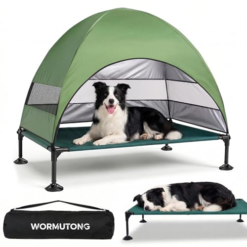 Elevated Outdoor Dog Bed with Canopy, Raised Dog Cot with...