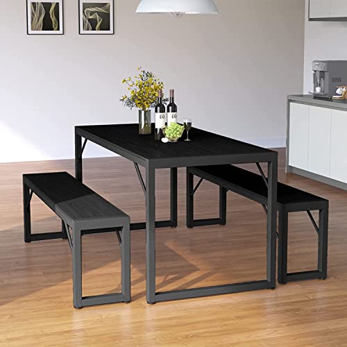 Bealife Dining Table Set For 4, Modern Kitchen Table Set With 2 Benches, 45.5In 3-Piece Soho Dining Room Table Set With Metal Frame And Mdf Board, Sturdy Structure, Space-Saving Furniture (Black) #TOP1