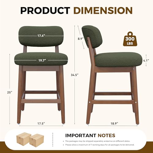Image of Counter Height Bar Stools Set of 4, Mid-Century Modern Boucle Bar Chairs with Solid Wood Frame, Fluffy Upholstered Stools with Backrest for Kitchen Island, Home Bar, Olive Green