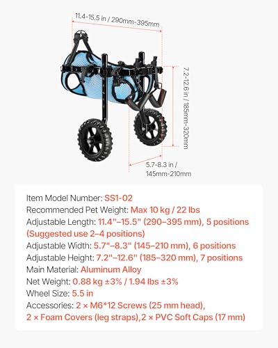 VEVOR Hunderollstuhl für Hinterbeine, Verstellbarer Haustierrollstuhl, Leichter Hundewagen mit stoßdämpfenden Rädern, Gehhilfe für behinderte, gelähmte, verletzte Hunde bis 10 kg, S
