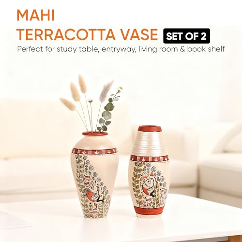 Image of Aakriti Art Creations Vase Earthen White Madhubani Set of 2 | Handmade Matte Finish Terracotta Decorative Vases | Silver Madhubani Art Flower Vase, Planters for Home Decor, Table Decoration Items