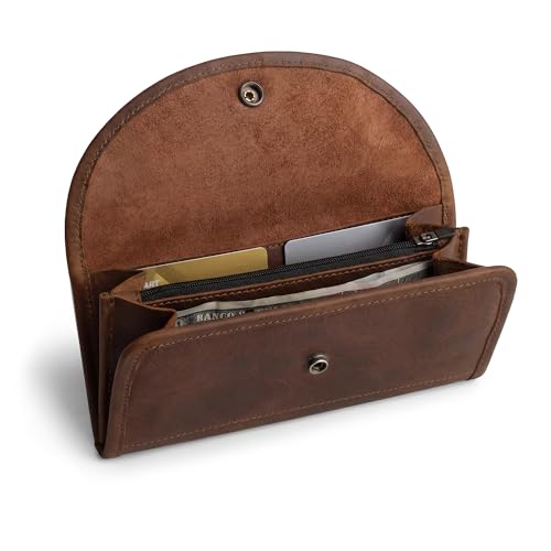 Hide & Drink, Full Grain Leather Snap Clutch Wallet for Women, Money Holder and Card Organizer with Zippered Pouch, Handmade, Bourbon Brown