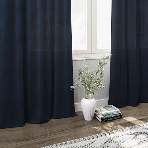 Image of Linen Navy Blue Curtains 108 inch Extra Long for Living Room Back Tab Light Filtering Semi Sheer Drapes Modern Farmhouse Coastal Decor Textured Curtain for Floor to Ceiling High Window 52x108