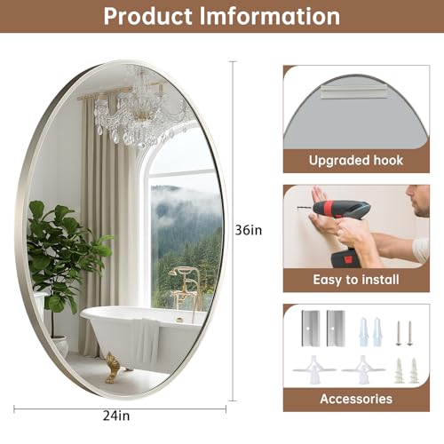 Image of Oval Wall Mirror, 24 inchx36 inch Brushed Nickel Oval Vanity Mirror, Bathroom Mirror of Metal Frame, Home Decorative Wall Mounted Mirror for Bathroom, Living Room, Entryway, Vanity
