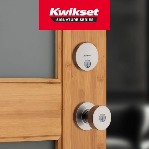 Image of Kwikset Pismo Round Front Door Lock Handle and Deadbolt Set, Entry Exterior with Interior Door Knob, Satin Nickel, Project Pack, Pick Resistant SmartKey Rekey Deadbolt Security