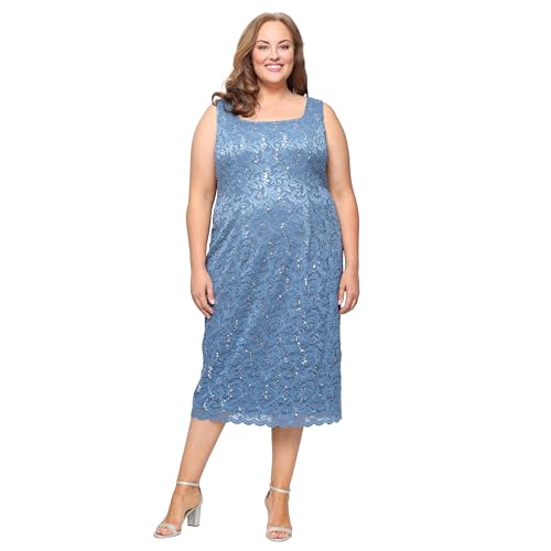 Image of S.L. Fashions Women's Tea Length Sequin Lace Mother of The Bride Dress with Illusion Sleeve Jacket