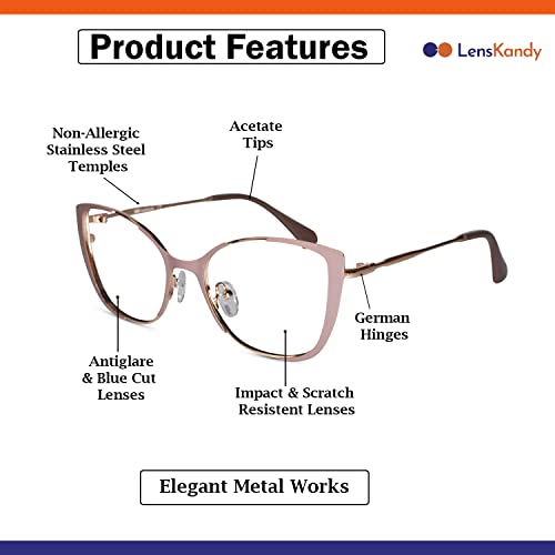 Image of LensKandy Cat Eye Shape Glasses for Women | Blue Cut Cat Eye Full Rim | Zero Power | Anti-Glare & UV Protection | Large Size Eyeglasses for Screen Use | Lightweight & Blocks Harmful Rays