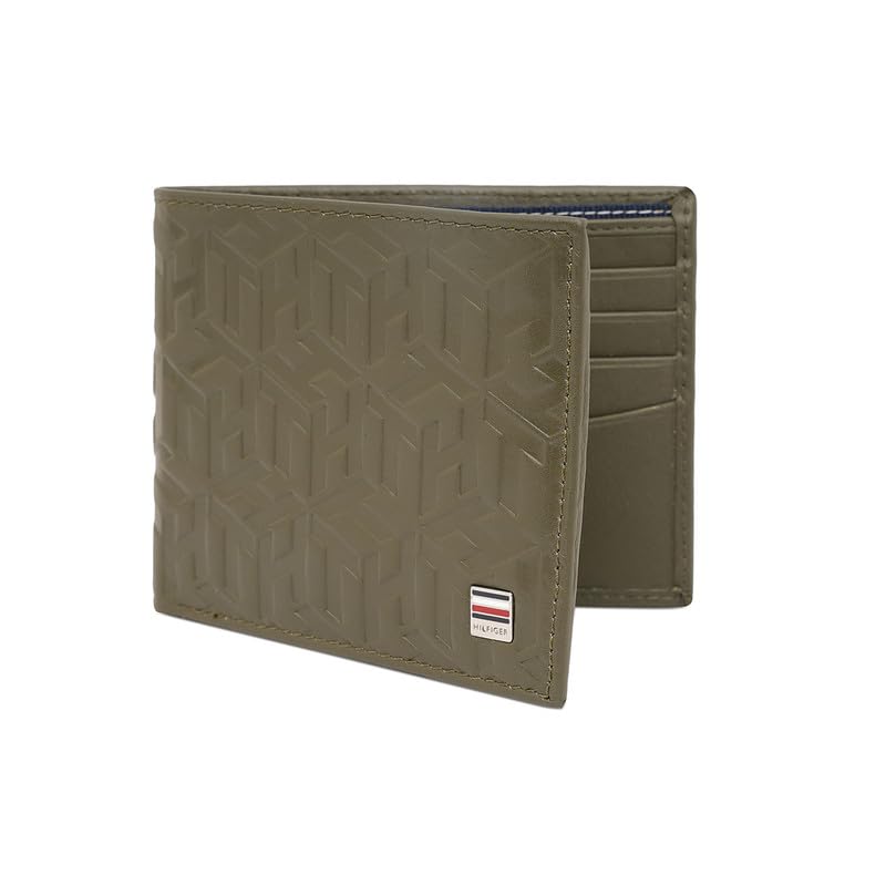 Image of Tommy Hilfiger Men's Slimfold Wallet Elgon - Olive | Embossed Leather | Global Coin Pocket | Stylish Purse for Men