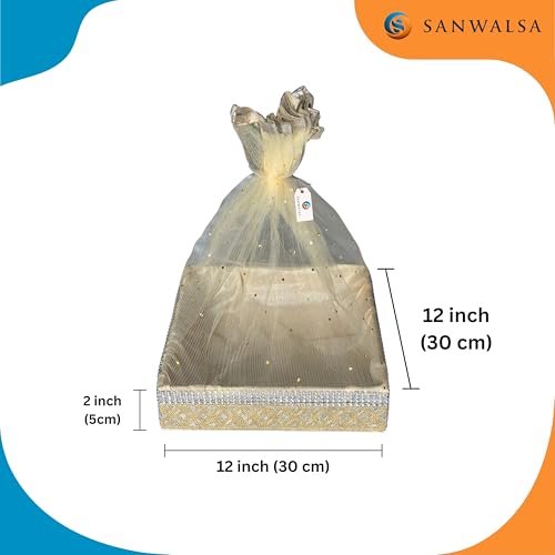 Image of (Large, 12x12x2 inch, Square, Beige-Stone Lace) MDF Base Designer Gift Hamper Packaging Baskets with Net Cover, Gift Hamper Organiser Perfect for Any Occasion