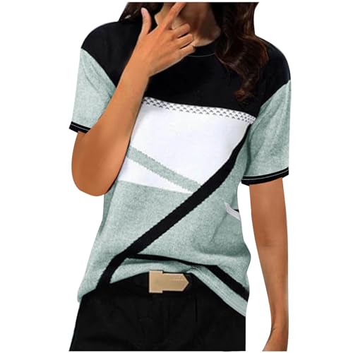 Tops for Women Trendy Summer Short Sleeve Crewneck Colorblock Basic T Shirt Loose Fit Casual Vintage Going out Blouse