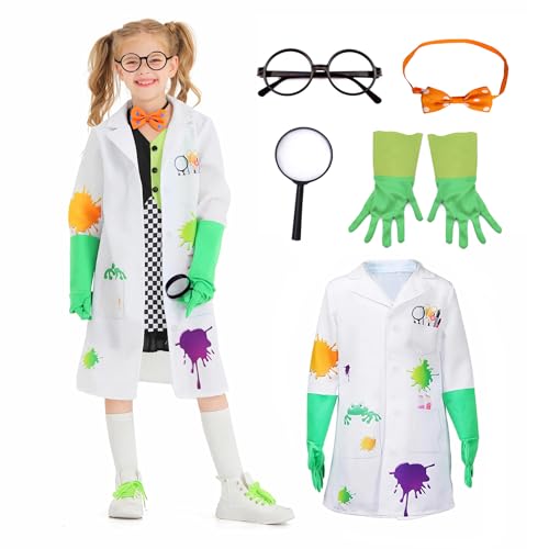 Wbesty costume de scientifique fou avec montures de lunettes, nœud papillon, gants, lunettes loupe, blouse de laboratoire, 5 pièces, pour Halloween