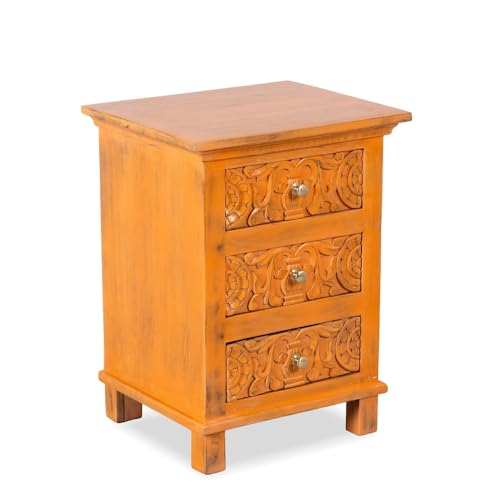Image of Wooden Bedside Table for Bedroom | Solid Wood Astha Bedside Table with Drawers | Corner Side Table for Living Room | Traditional Handcrafted Furniture for Home Decor (Orange Distress)