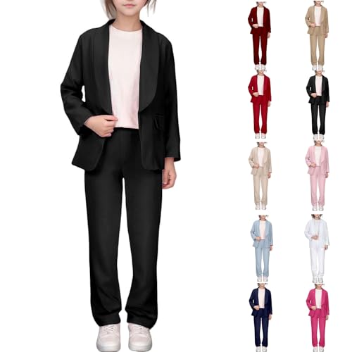 Blazer Fille Blazers à Manches Longues pour Filles Col ChâLe Veste De Costume Formelle Printemps Manteau Enfant Veste Fille Couleur Unie Ensemble Pantalon 2 Pièces Chic et Couleur Unie Slim