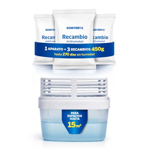HUMYDRY - Deshumidificador Premium 450g con Sistema Antiderrame + 3 Recambios de 450g – Sin Electricidad - Controla Humedad Olores en Espacios Medianos - Hasta 15 m²