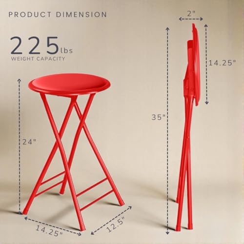 Image of Lavish Home Folding Stool with Padded Backless Seat, Red, 24 Inch | Counter Height Bar Stools with 225lb Capacity, Portable Indoor & Outdoor, Extra Seat for Kitchen, Rec Room or Camping
