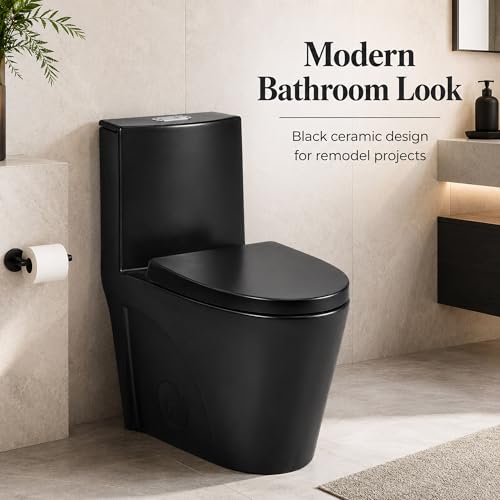Inodoro de una pieza negro, descarga dual 1,1/1,6 galones por descarga, forma alargada y altura cómoda, asiento de cierre suave, cerámica, montaje en piso miniatura 7