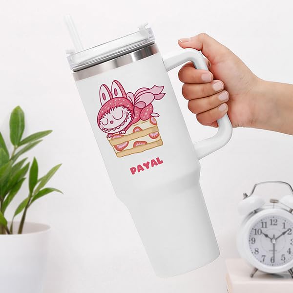 Image of IGP Personalized 1.2L Tumbler with Handle & Straw | Same Day Delivery | Custom Name White Travel Mug with Cute Cartoon Character Design | Present for Kids, Friends & Loved Ones