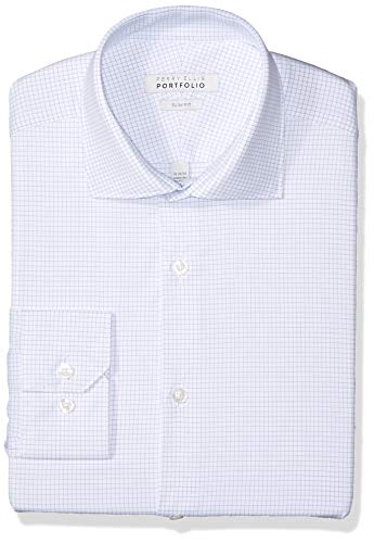 Perry Ellis Men's Slim Fit Spread Collar Performance Dress Shirt, Light Blue Check, 16.5 34/35