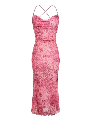 Image of SOLY HUX Women's Floral Mesh Bodycon Cami Dress Cowl Neck Sleeveless Cocktail Party Wedding Guest Long Maxi Dresses