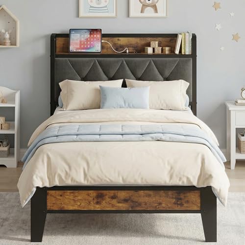 ANCTOR Twin Bed Frames, Storage Headboard with Outlets, Easy to Install, Sturdy and Stable, No Noise, No Box Springs Needed - Perfect for a Good Night's Sleep
