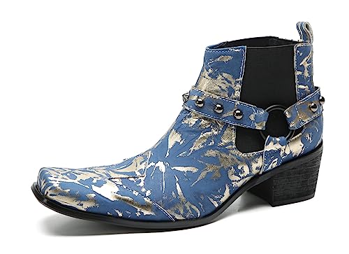 Santimon Chelsea Boots Men Party Dress Casual Square Toe Cowboy Boots Fashion Comfort Buttons Beaded Western Ankle Boots for Mens