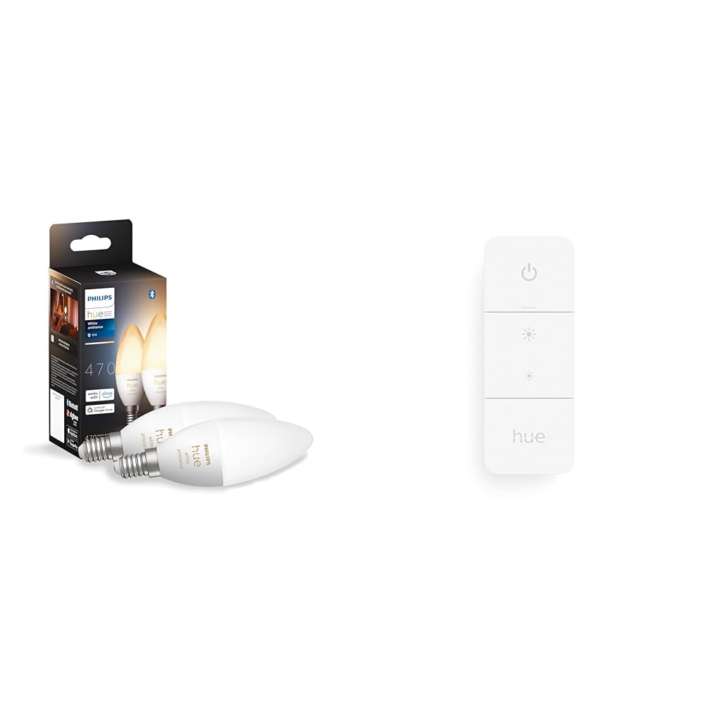 Philips Hue White Ambiance E14 LED Lampe Doppelpack, alle Weißschattierungen, kompatibel mit Amazon Alexa (Echo, Echo Dot) + Wireless Dimming Schalter, komfortabel dimmen ohne Installation