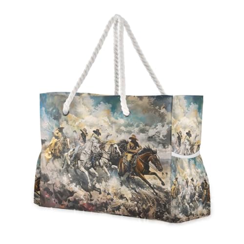 Cowboy Vintage Horse Beach Bag for Women Large Beach Tote Bag with Zipper for Travel Vacation2
