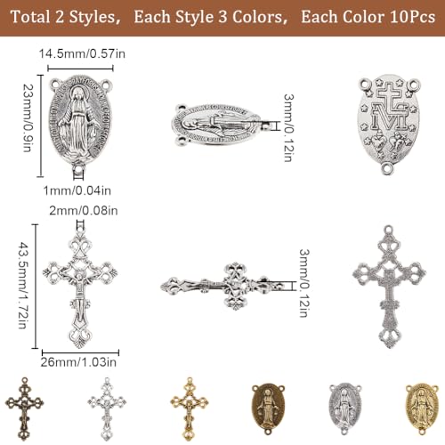SUNNYCLUE 1 Box 60Pcs 6 Styles Rosary Cross Charms Crucifix Charm Easter Holiday Antique Silver Gold Bronze Oval Chandelier Links Rosary Bead Findings for jewellery Making Charms Supplies DIY Necklace - Image 2