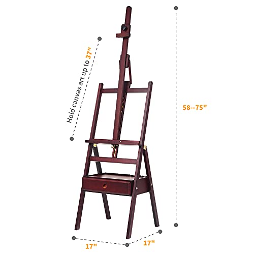 Image of MEEDEN Studio H-Frame Easel with Storage Drawer - Adjustable (60 inch~75 inch) Forward Tilting Solid Beech Wood Easel Stand for Artists, Students & Beginners, Holds Canvas Art up to 36 inch, Deep Walnut
