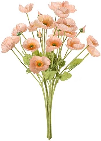 Botius 6PCS Artificial Poppy Flowers with Flocking Long Stems Fake Silk Corn Poppy Flower Bouquet for Wedding Party Home Office Table Centerpiece Decoration, Coral