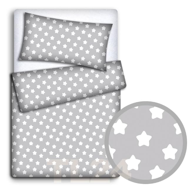 Babymam BABY BEDDING SET PILLOWCASE + DUVET COVER 2PC TO FIT JUNIOR BED (Big white stars on grey background) — image 1