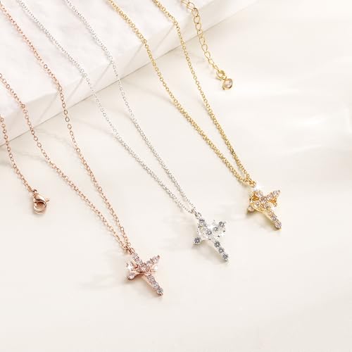 Cross Necklace for Women - Dainty Necklaces Trendy Small 14K Gold Plated Hypoallergenic Infinity Crown Cross Cubic Zirconia Pendant Box Rope Chain Necklace for Women Non Tarnish Jewelry Gift