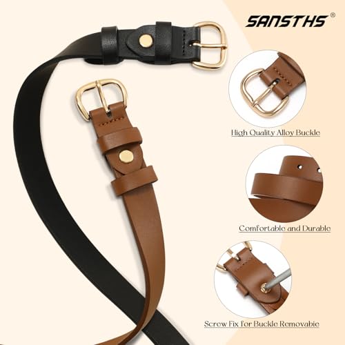 SANSTHS 2 Pack Faux Leather Belt Women for Jeans Pants Dresses, Skinny Belt Women with Gold Alloy Buckle2