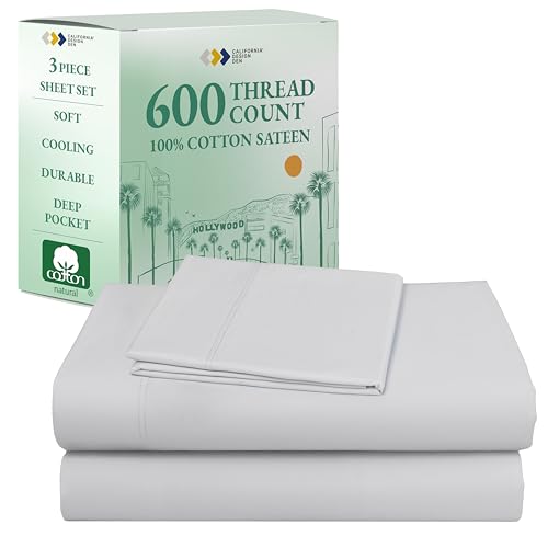 California Design Den Hotel Quality Twin Size Sheets Set - Luxury 600 Thread Count Sateen, Natural 100% Cotton, Fully Elasticized Deep Pocket Twin Sheets Set Cotton, Cool and Durable - Light Silver