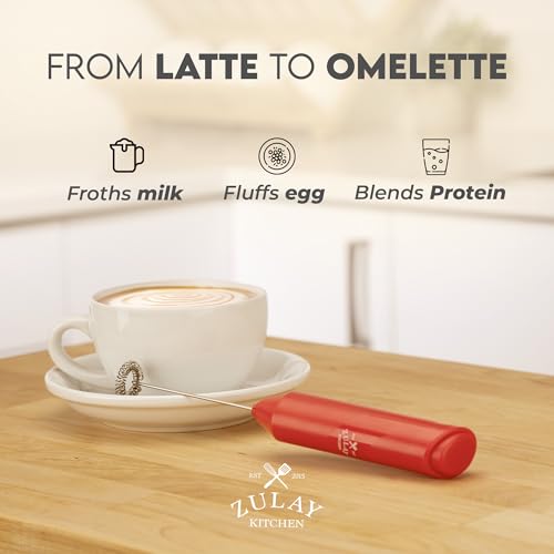 Image of Zulay Kitchen Powerful Milk Frother AA Batteries Included - Ultra Fast Handheld Drink Mixer with Stainless Steel Whisk Stirrer for Coffee, Protein, Matcha & More, Frother Wand Electric Frothmate Red