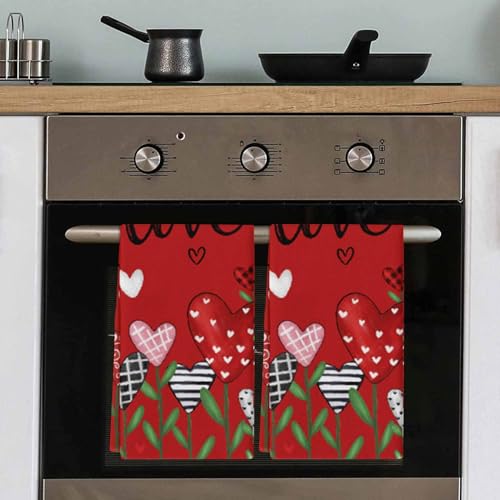 Image of Valentines Kitchen Towels Love Heart Flower Hand Towels Black Red Valentines Day Dish Towel Soft Absorbent Quick Drying 4 Pack Dish Cloths 18x28 Inch Anniversary Wedding Decoration