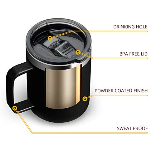 Image of 12oz Stainless Steel Insulated Coffee Mug with Handle, Double Wall Vacuum Travel Mug, Tumbler Cup with Sliding Lid, Black