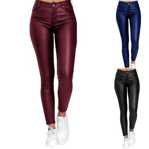 ASIYAN Pantalones De Cuero For Mujer, Leggings Ajustados Sexis con Apariencia De Cuero Sintético, Cintura Alta, Aspecto Elástico Treggings con Efecto Push Up Vaqueros Deportivos(Red Wine,M)