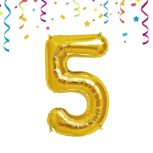 FUNXGO® Foil Balloon Number 5 Gold - Giant Number Balloon Approx. 100 cm - Flies with Helium - 5th Birthday Balloon - Decoration for Birthdays, Parties, Weddings - Balloon 5 Gold